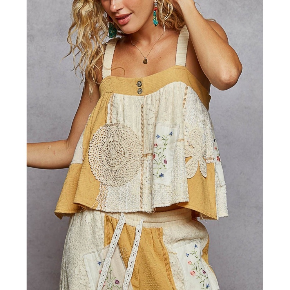 POL Patchwork Floral Embroidered Crochet Lace Cami Top & Wide Leg Pants Set S - Picture 3 of 16